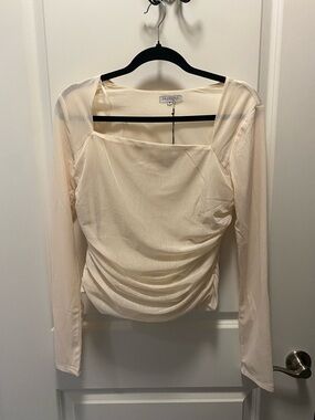 Crescent Light Cream Square Neck Long Sleeve Ruched Top